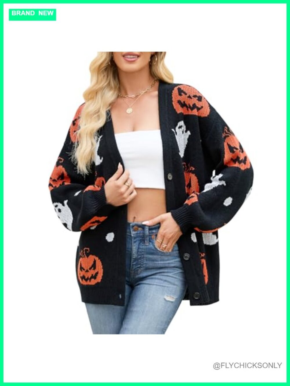 Women's Halloween Pumpkin Ghost Cardigan Sweater Button V-Neck Long Sleeve